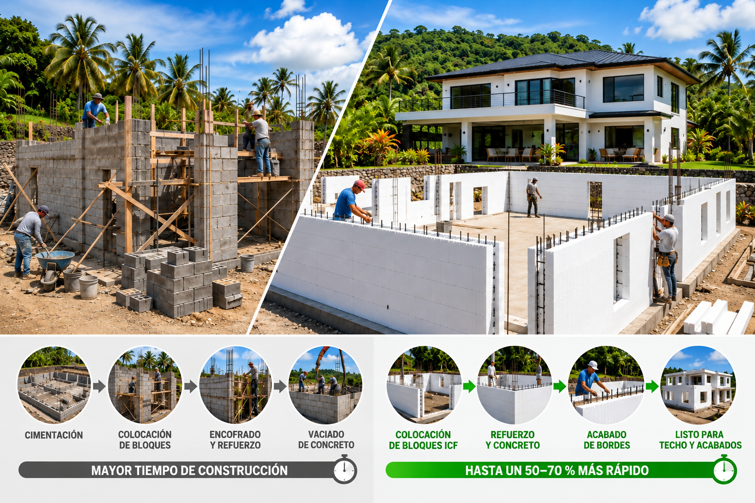 Imagen comparativa que ilustra la eficiencia de la construcción con ICF