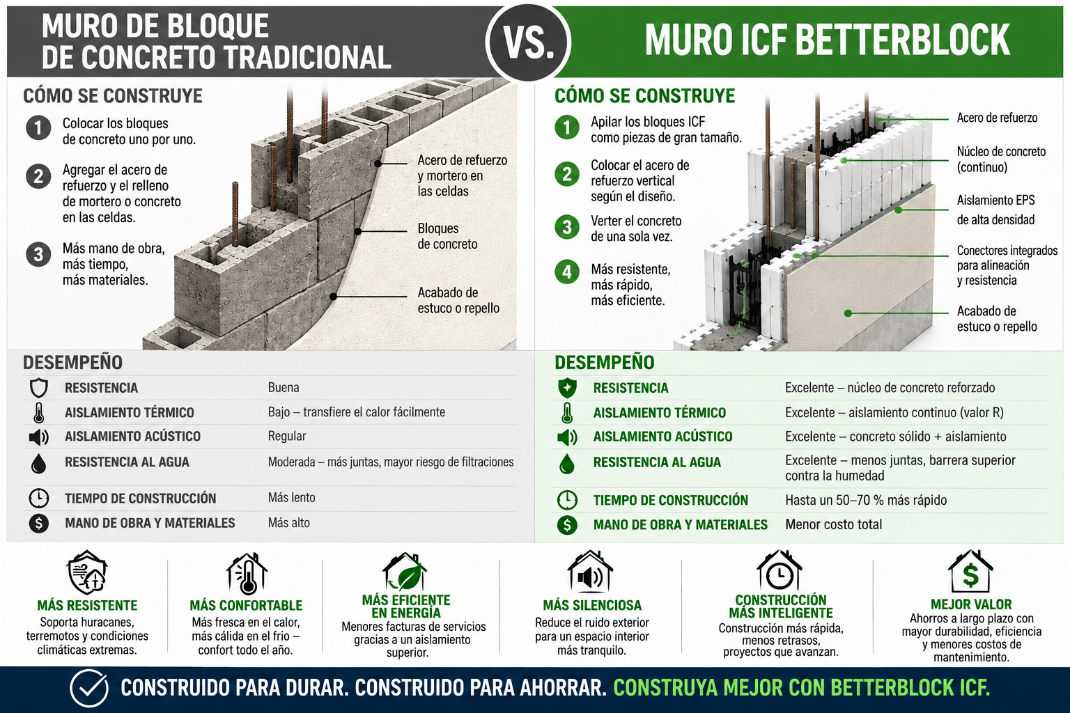 Comparación entre un muro de bloques tradicionales de concreto y un muro BetterBlock ICF