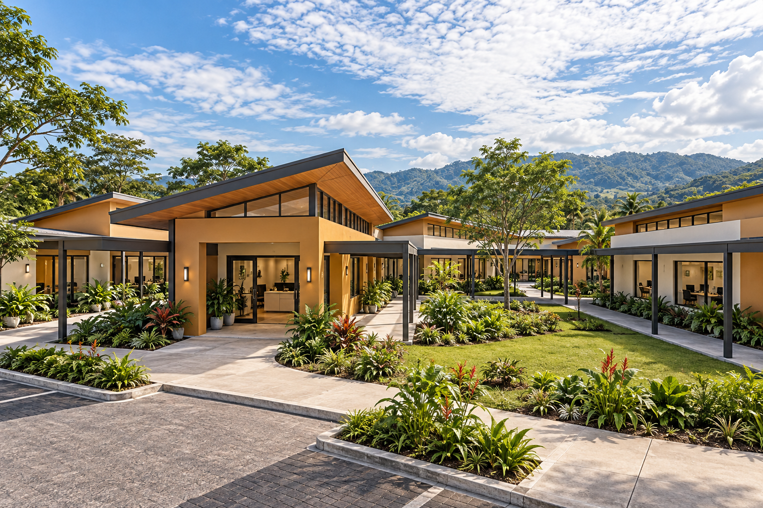 Imagen ilustrativa de un complejo de oficinas tropical