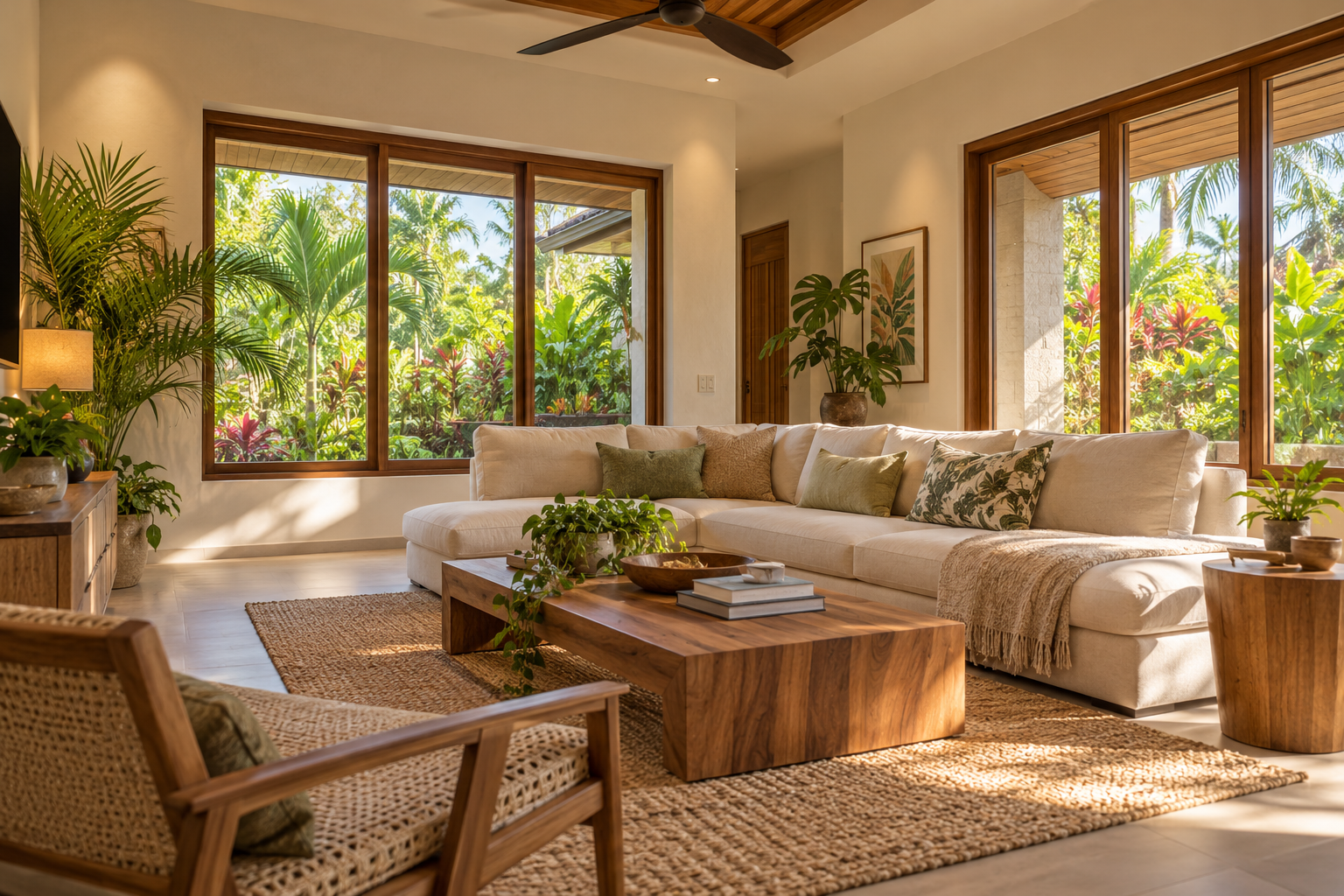 Concepto ilustrativo de sala de estar tropical con ventanas protegidas del sol