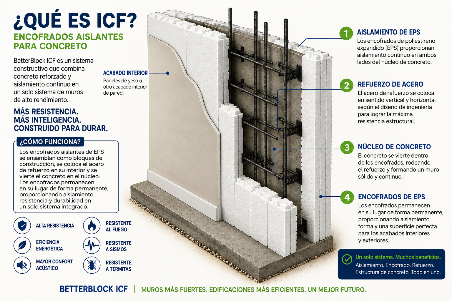 Ilustración de muro ICF BetterBlock con aislamiento EPS, núcleo de concreto reforzado, conectores internos y acero de refuerzo
